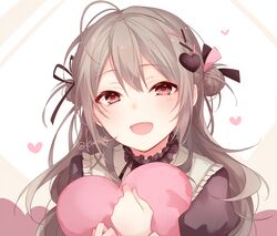  1girl :d bangs black_shirt blush brown_hair commentary_request double_bun eyebrows_visible_through_hair hair_between_eyes hair_ornament hairclip heart heart_hair_ornament kuroi_(liar-player) long_hair object_hug original puffy_sleeves red_eyes shirt smile solo twitter_username upper_body white_background 