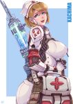  1girl android bag blonde_hair blue_background blue_eyes breasts cross english_commentary hair_ornament hairclip hat kachima large_breasts large_syringe medic nurse_cap original oversized_object red_cross short_hair solo syringe 