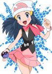  1girl :d beanie black_hair blush bracelet clenched_hand commentary_request eyelashes floating_hair grey_eyes hainchu hand_up hat highres hikari_(pokemon) holding holding_poke_ball jewelry long_hair open_mouth pink_scarf pink_skirt poke_ball pokemon pokemon_(anime) pokemon_dppt_(anime) poketch scarf shirt skirt sleeveless sleeveless_shirt smile solo tongue watch watch white_headwear 