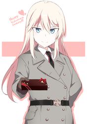  1girl belt bismarck_(kancolle) blonde_hair blue_eyes box box_of_chocolates brown_gloves buttons cross double-breasted eyebrows_visible_through_hair gift gloves grey_jacket hair_between_eyes happy_birthday heart iron_cross jacket kantai_collection long_hair looking_at_viewer necktie shigino_sohuzi simple_background smile solo two-tone_background valentine 