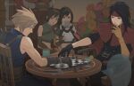  2boys 2girls black_hair blonde_hair board_game brown_hair chess clawed_gauntlets cloak cloud_strife final_fantasy final_fantasy_vii flower gloves headband long_hair multiple_boys multiple_girls shillo short_hair tifa_lockhart vincent_valentine yuffie_kisaragi 