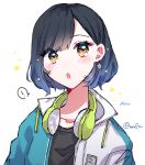  ! alternate_hair_length alternate_hairstyle black_hair black_shirt blush bob_cut character_name coat commentary_request earrings gradient_hair headphones headphones_around_neck highres jewelry multicolored_hair open_mouth orange_hair project_sekai shiraishi_an shirt short_hair signature spoken_exclamation_mark star_(symbol) star_earrings toco5th white_background 