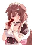  1girl animal_ears bangs black_choker black_nails blush box braid breasts brown_eyes brown_hair center_frills choker closed_mouth commentary corset dog_ears dog_girl dog_hair_ornament dog_tail extra_ears frills fukahire_(ruinon) gift gift_box hair_between_eyes hair_ornament hands_up heart-shaped_box highres holding holding_box hololive hoso-inu inugami_korone long_hair looking_at_viewer medium_breasts multicolored_nails nail_polish pink_nails puffy_short_sleeves puffy_sleeves shirt short_sleeves simple_background solo symbol-only_commentary tail tail_raised twin_braids upper_body virtual_youtuber white_background white_shirt 
