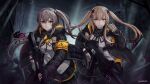  2girls black_gloves black_jacket brown_hair explosive fingerless_gloves girls_frontline gloves grenade gun h&amp;k_ump45 h&amp;k_ump9 highres holding holding_grenade holding_gun holding_weapon jacket long_hair long_sleeves multiple_girls scar scar_on_face seraphim_throne side_ponytail trigger_discipline twintails ump45_(girls&#039;_frontline) ump9_(girls&#039;_frontline) violet_eyes weapon yellow_eyes 