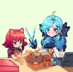  2girls :o ahoge animal_ears annie_(league_of_legends) bangs black_bow black_gloves bow box breasts brown_dress cat_ears dress drill_hair fake_animal_ears fiery_toy floating floating_object gloves green_eyes green_hair grey_dress gwen_(league_of_legends) hair_bow hair_ornament hands_up holding holding_scissors kam-ja league_of_legends long_hair medium_hair multicolored_hair multiple_girls needle puffy_short_sleeves puffy_sleeves redhead scissors sewing sewing_needle shiny shiny_hair short_sleeves stuffed_animal stuffed_toy teddy_bear tibbers twin_drills twintails two-tone_hair upper_body x_hair_ornament 