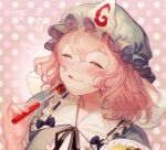  1girl :t artist_name black_ribbon blue_headwear blue_kimono blurry blush closed_eyes closed_mouth eating food foodgasm fork frilled_shirt_collar frills fruit hand_up happy hat heart holding holding_fork holding_plate japanese_clothes kimono mob_cap mochacot neck_ribbon pink_hair plate polka_dot polka_dot_background portrait ribbon saigyouji_yuyuko short_hair solo strawberry tongue tongue_out touhou triangular_headpiece wavy_hair 