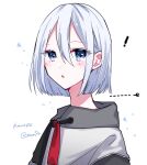  ! alternate_hair_length alternate_hairstyle blue_eyes blush bob_cut character_name commentary_request dotted_line highres jacket open_mouth project_sekai scissors short_hair signature toco5th white_background white_hair 