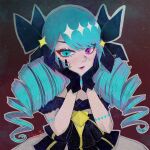  1girl artist_name bangs black_bow black_dress blue_hair blush bow breasts brown_background dress drill_hair fangs ge_tai_(getail) green_eyes grey_dress gwen_(league_of_legends) hair_bow hands_up heterochromia highres league_of_legends long_hair looking_at_viewer open_mouth pink_eyes puffy_short_sleeves puffy_sleeves shiny shiny_hair short_sleeves smile solo twin_drills twintails 