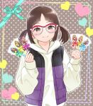  1girl bangs blush brown_eyes brown_hair dated glasses hood hood_down jacket looking_at_viewer open_clothes open_jacket original parted_bangs smile solo taka_(tsmix) two_side_up valentine 