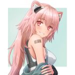  1girl :d animal_ear_fluff animal_ears aqua_background arknights armor bangs barcode barcode_tattoo bare_shoulders blush border breastplate breasts eyebrows_visible_through_hair gravel_(arknights) grin headgear long_hair medium_breasts off_shoulder outside_border owanwan_1205 parted_lips pink_hair red_eyes simple_background smile solo tattoo upper_body white_border 