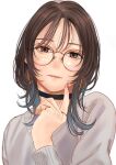 1girl absurdres brown_eyes brown_hair choker earrings glasses grey_shirt hand_on_own_face hand_up highres jewelry long_hair long_sleeves looking_at_viewer nail_polish original parted_lips saitou_(lynx-shrike) shirt simple_background solo white_background 