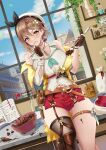  1girl atelier_(series) atelier_ryza bangs blush breasts brown_eyes brown_hair highres large_breasts looking_at_viewer red_shorts reisalin_stout ryuuneart short_shorts shorts smile solo thick_thighs thighs 