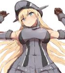  1girl alchera armor bismarck_(kancolle) blonde_hair blue_eyes breastplate breasts brown_gloves clenched_teeth detached_sleeves gloves hat kantai_collection long_hair looking_at_viewer lying medium_breasts military military_hat military_uniform peaked_cap solo teeth thigh-highs uniform upper_body 