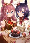  2girls animal_ears black_hair blue_eyes blush brown_dress brown_hair cake chocolate_cake closed_mouth dress eishin_flash_(umamusume) eyebrows_visible_through_hair food hair_between_eyes highres horse_ears horse_girl long_hair long_sleeves mihono_bourbon_(umamusume) multiple_girls nobell_(bell_no5) short_hair smile umamusume white_dress wrist_cuffs 