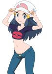  1girl alternate_costume beanie black_hair closed_mouth commentary_request cropped_shirt eyelashes grey_eyes hainchu hair_ornament hairclip hands_on_headwear hands_up hat highres hikari_(pokemon) long_hair looking_at_viewer midriff navel pants poke_ball_print pokemon pokemon_(anime) pokemon_dppt_(anime) purple_shirt shirt short_sleeves sidelocks simple_background smile solo split_mouth white_background white_headwear 