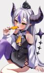  1girl absurdres ahoge bangs bare_shoulders black_dress blush braid commentary_request crow_(la+_darknesss) demon_horns detached_sleeves dress eating fang food highres holding holding_food hololive horns la+_darknesss long_hair long_sleeves moonbell multicolored_hair open_mouth pointy_ears popsicle purple_hair purple_legwear silver_hair single_thighhigh sitting skin_fang solo streaked_hair tail tail_raised thigh-highs very_long_hair virtual_youtuber yellow_eyes 