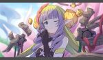  1girl :3 absurdres ameth_(princess_connect!) bangs black_gloves blue_eyes blunt_bangs closed_mouth drill_hair elbow_gloves eyebrows_visible_through_hair gloves highres laika_(sputnik2nd) letterboxed long_hair looking_at_viewer pointy_ears princess_connect!_re:dive purple_hair smile solo upper_body 