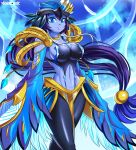  1girl aqua_eyes bare_shoulders bird_girl blue_skin breasts colored_skin cowboy_shot duel_monster feather_hair feathered_wings feathers hat ichimoral lyrilusc_-_ensemblue_robin medium_breasts midriff navel purple_skin simple_background solo white_background winged_arms wings yu-gi-oh! yu-gi-oh!_arc-v yuu-gi-ou yuu-gi-ou_arc-v 