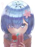  1girl alternate_costume bangs blue_scarf box brown_jacket covering_mouth eyes_visible_through_hair flower gift gift_box grey_background hair_flower hair_ornament hair_over_one_eye heart holding jacket kuro_okami looking_at_viewer pink_flower re:zero_kara_hajimeru_isekai_seikatsu rem_(re:zero) scarf shiny shiny_hair simple_background solo upper_body valentine 