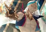  1boy arabian_clothes bangs bishounen blonde_hair earrings eyebrows_visible_through_hair fate/grand_order fate_(series) feet_out_of_frame gilgamesh_(caster)_(fate) gilgamesh_(fate) gloves hat jewelry kiki_(re_6xxx) looking_at_viewer male_focus muscular muscular_male nipples open_mouth red_eyes short_hair shoulder_tattoo smile solo tattoo upper_body 
