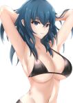  1girl absurdres armpits arms_up bangs bare_arms bikini black_bikini blue_eyes blue_hair breasts byleth_(fire_emblem) byleth_eisner_(female) collarbone ega-chan fire_emblem fire_emblem:_three_houses hair_between_eyes highres large_breasts long_hair looking_at_viewer navel parted_lips simple_background solo stomach swimsuit upper_body white_background 