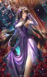  1girl absurdres brown_hair chandelier curtains ding_ju_biao dress duanmu_rong_(qin_shi_ming_yue) flower gloves highres holding holding_clothes holding_skirt long_hair night petals purple_dress qin_shi_ming_yue rose skirt smile weibo_id weibo_logo 