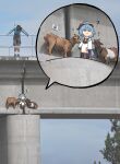  2girls ? blue_hair bodystocking bridge chibi ganyu_(genshin_impact) genshin_impact goat highres horns long_hair multiple_girls ooyun photo_background railing 