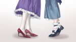  2girls absurdres baozishark black_footwear blue_dress dated dress frilled_dress frills from_side gradient gradient_background high_heels highres lower_body multiple_girls pantyhose purple_dress red_footwear saigyouji_yuyuko socks standing touhou white_background white_legwear yakumo_yukari yuri 