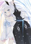  animal_ear_fluff animal_ears blue_eyes choker dress fox_ears fox_girl grey_hair highres long_hair looking_at_viewer original shiro_youduki silver_hair tail weapon white_dress white_hair 