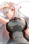  1girl absurdres ahoge arm_up azur_lane bangs bare_shoulders blush breasts closed_mouth commentary_request dress eyebrows_visible_through_hair grey_dress heart highres large_breasts long_hair looking_at_viewer lying moyoron multicolored_hair on_back orange_eyes parted_bangs pillow prinz_eugen_(azur_lane) redhead sideboob sleeveless sleeveless_dress smile solo streaked_hair very_long_hair white_background white_hair 