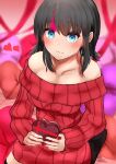  1girl absurdres bangs bare_shoulders black_hair blue_eyes blush breasts candy chocolate collarbone fate/grand_order fate/requiem fate_(series) food heart heart-shaped_chocolate highres large_breasts long_sleeves looking_at_viewer magatama magatama_hair_ornament masini-mashini615 medium_hair multicolored_hair off-shoulder_sweater off_shoulder pink_hair red_sweater ribbed_sweater smile solo streaked_hair sweater utsumi_erise valentine 