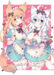  2girls ahoge animal_ears apron bangs blue_eyes blush bow breasts brown_hair candy cat_ears cat_tail chocolate eyebrows_visible_through_hair food frilled_apron frilled_legwear frills garter_straps hair_bow heart heart-shaped_chocolate heterochromia highres large_breasts long_hair looking_at_viewer maid maid_headdress medium_breasts multiple_girls original puffy_short_sleeves puffy_sleeves satsuki_mayuri short_sleeves tail thigh-highs waist_apron white_hair white_legwear 