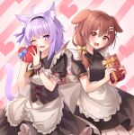  2girls :d ;d alternate_costume animal_ear_fluff animal_ears apron black_dress black_hairband boned_meat bow box breasts brown_eyes brown_hair cat_ears cat_tail commentary_request corset dog_ears dress enmaided food frilled_apron frills hair_bow hairband heart-shaped_box highres holding holding_box hololive hoshino_reiji inugami_korone long_hair maid meat medium_breasts multiple_girls nekomata_okayu one_eye_closed puffy_short_sleeves puffy_sleeves purple_hair short_sleeves smile tail valentine violet_eyes wrist_cuffs 