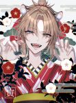  1girl animal_ear_fluff animal_ears bambi-25 bangs blonde_hair claw_pose eyebrows_visible_through_hair eyes_visible_through_hair fangs fate/apocrypha fate_(series) floral_print green_eyes hair_ornament hair_scrunchie hands_up highres japanese_clothes kimono long_hair looking_at_viewer mordred_(fate) mordred_(fate/apocrypha) open_mouth ponytail red_kimono red_scrunchie scrunchie smile solo tiger_ears tongue translation_request upper_body white_background white_kimono 