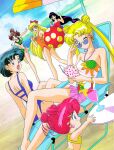  1990s_(style) 6+girls adjusting_eyewear aino_minako ball bangs beach beach_chair beach_umbrella beachball bikini bishoujo_senshi_sailor_moon black_hair blonde_hair blue-tinted_eyewear blue_eyes blue_hair blue_swimsuit book bow brown_hair casual_one-piece_swimsuit chibi_chibi day double_bun earrings eyebrows_visible_through_hair floral_print flower_earrings hair_bobbles hair_bow hair_ornament heart heart_earrings high_ponytail hino_rei holding holding_book jewelry kino_makoto knees_up long_hair low-tied_long_hair mizuno_ami multiple_girls non-web_source official_art one-piece_swimsuit one_eye_closed open_mouth orange_swimsuit outdoors parfait pink_hair reaching reclining red_swimsuit retro_artstyle short_hair sitting standing stud_earrings swimsuit tinted_eyewear tsukino_usagi twintails umbrella very_long_hair white-framed_eyewear yellow_bikini 