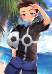  1boy ball beach blue_eyes blue_sky borrowed_character brown_hair child clouds cloudy_sky commentary_request commission day food freckles holding holding_ball looking_at_viewer male_focus original outdoors popsicle shore short_hair shorts skeb_commission sky soccer_ball solo sportswear standing utsunomiya_hetaru volleyball volleyball_uniform water 