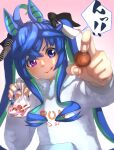  1girl :t @_@ absurdres ahoge animal_ears bangs blue_eyes blue_hair blurry blurry_foreground chocolate clothes_writing commentary_request crossed_bangs depth_of_field ear_covers fang fang_out food food_on_face gradient gradient_background green_hair hair_between_eyes heterochromia highres horse_ears incoming_food long_hair long_sleeves multicolored_hair pink_background smile solo streaked_hair sweets thin_(suzuneya) twin_turbo_(umamusume) twintails two-tone_hair umamusume upper_body valentine violet_eyes 