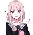  alternate_hair_length alternate_hairstyle blush bob_cut character_name commentary_request dotted_line heart highres open_mouth pink_eyes pink_hair project_sekai ribbon sailor_collar school_uniform scissors short_hair short_hair_with_long_locks signature toco5th white_background 
