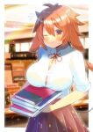  1girl animal_ears blush book breast_lift breasts brown_hair colored_eyelashes cow_ears cow_girl cow_horns cow_tail dark-skinned_female dark_skin embarrassed horns kou_hiyoyo large_breasts one_eye_closed original sweat tail 