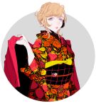  1girl bangs blonde_hair blue_eyes bobbbob earrings food_print hair_bun hand_up holding holding_clothes japanese_clothes jewelry kimono lips looking_to_the_side original outside_border print_kimono round_image solo strawberry_print swept_bangs updo upper_body wavy_hair 
