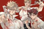  3boys akira_yoru battle_tendency blood blood_on_clothes blood_on_face blue_eyes caesar_anthonio_zeppeli dio_brando facial_mark fangs garrote jojo_no_kimyou_na_bouken kakyoin_noriaki male_focus multiple_boys red_eyes redhead road_sign sign stardust_crusaders vampire violet_eyes wrench 