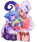  2girls alternate_costume bangs bare_shoulders blue_nails blush braid cropped_legs doll_hug fur_trim green_eyes heart highres league_of_legends long_hair looking_at_another mochi_bny multiple_girls nail_polish navel neeko_(league_of_legends) nidalee object_hug pants parted_bangs pink_eyes pink_sweater simple_background smile snow_bunny_nidalee stomach stuffed_animal stuffed_frog stuffed_toy sweater tail tentacles twin_braids white_background winter_wonder_neeko yuri 