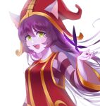  1girl animal_ears bangs bug butterfly dress ears_through_headwear eyebrows_visible_through_hair fang green_eyes grey_background hat highres league_of_legends long_hair long_sleeves looking_at_viewer lulu_(league_of_legends) purple_hair red_dress red_headwear sella_423 shiny shiny_hair simple_background smile solo striped striped_sweater sweater upper_body yordle 