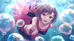  1girl :d brown_eyes brown_hair bubble dress kirita_asami looking_at_viewer meiko pointing pointing_at_viewer short_hair sleeveless smile solo underwater vocaloid 