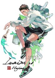  1boy arm_on_thigh bandaid bandaid_on_face bandaid_on_knee black_eyes black_hair brown_hair bucket character_name closed_mouth expressionless feathers from_side gym_shorts haikyuu!! iwaizumi_hajime jacket knee_pads leaf long_sleeves looking_afar male_focus narrowed_eyes outstretched_arm paint paint_splatter paint_splatter_on_face paintbrush plant rouye801 shirt shoes short_hair shorts signature sneakers solo splashing sportswear striped striped_shorts track_jacket twitter_username v-shaped_eyebrows watermark white_shirt 