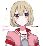  ! alternate_hair_length alternate_hairstyle azusawa_kohane blonde_hair blush bob_cut character_name collarbone commentary_request dotted_line grey_sweater heart heart_necklace highres jacket project_sekai scissors shirt short_hair signature star_(symbol) sweater toco5th white_background white_shirt yellow_eyes 