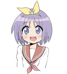  1girl blush eyebrows_visible_through_hair hairband highres hiiragi_tsukasa long_sleeves looking_at_viewer lucky_star neckerchief nervous_smile open_mouth purple_hair red_neckerchief school_uniform short_hair solo sweat teeth tsukumo_(tsukumo_sos) upper_teeth violet_eyes 