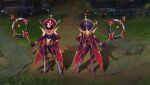  1girl absurdres alternate_costume bangs black_gloves boots breasts clothing_request from_behind full_body gloves hand_on_hip harimi_(harimizz) high_heel_boots high_heels highres holding holding_staff knee_boots league_of_legends leblanc_(league_of_legends) long_sleeves medium_breasts multicolored_hair multiple_views outdoors pale_skin red_eyes redhead scar scar_across_eye short_hair smile staff standing star_(symbol) two-tone_hair 
