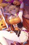  1girl armpits bangs blonde_hair breasts candy dragalia_lost elisanne food garter_straps halloween_costume highres ippers jack-o&#039;-lantern large_breasts long_hair official_alternate_costume ponytail red_eyes 