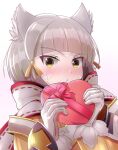  1girl animal_ears backkee bangs blunt_bangs bodysuit cat_ears chocolate facial_mark gloves highres nia_(xenoblade) short_hair silver_hair simple_background solo valentine white_background white_gloves xenoblade_chronicles_(series) xenoblade_chronicles_2 yellow_bodysuit yellow_eyes 